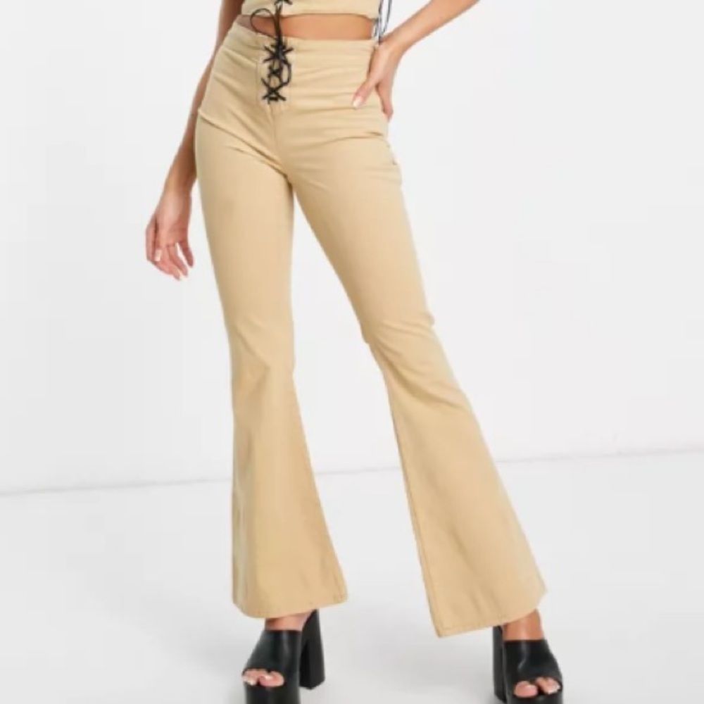 ASOS DESIGN BOHO lace up detail flare pants in stone-...sz 6/Med